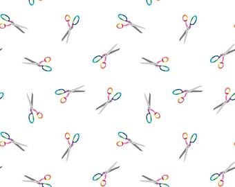Snip Snip Scissors on White by Kristy Lea of Quiet Play for Make Collection for Riley Blake Designs, Rainbow Quilting Cotton