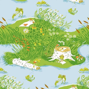 May include: A whimsical illustration depicts a pond scene with cartoon frogs. The frogs are in various poses, some swimming, others on logs, and some near a tree stump. The background features green grass, flowers, and a light blue water.