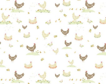 Clover Farm Chickens on White by Gracey Larson for Riley Blake Designs, Quality Quilting Cotton
