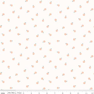May include: Off-white fabric with a repeating pattern of small, peach-colored fruit with blue-green stems. The fruit is scattered across the surface. The fabric is marked with inch measurements along the bottom.