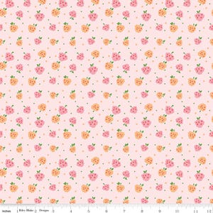 May include: A repeating pattern of pink and peach-colored floral designs with green leaves and small yellow dots on a light pink background. The design is a fabric pattern.