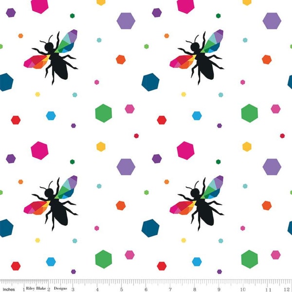 Create Hexie Bees - White by Kristy Lea for Riley Blake Designs, Rainbow Quilting Cotton by Quiet Play, Fabric By-The-Yard