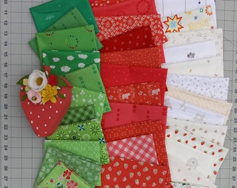 Strawberry Quilt Fabric Kit: 13 Red Fat Quarters, 11 Green Fat Eighths, and 16 Low Volume Fat Quarters for a Scrappy Happy Strawberry Quilt
