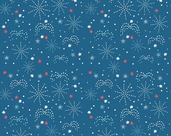 Firework Fields Fireworks on Coastal Blue by Gracey Larson for Riley Blake Designs; Patriotic Quilting Fabric