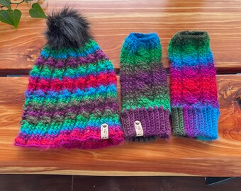 Crocheted Beanie Hat and Fingerless Gloves
