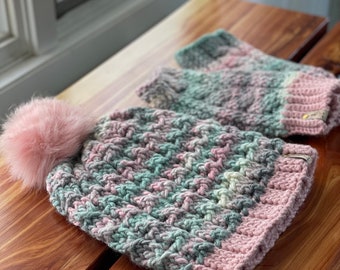 Crocheted Hat and Fingerless Gloves Set