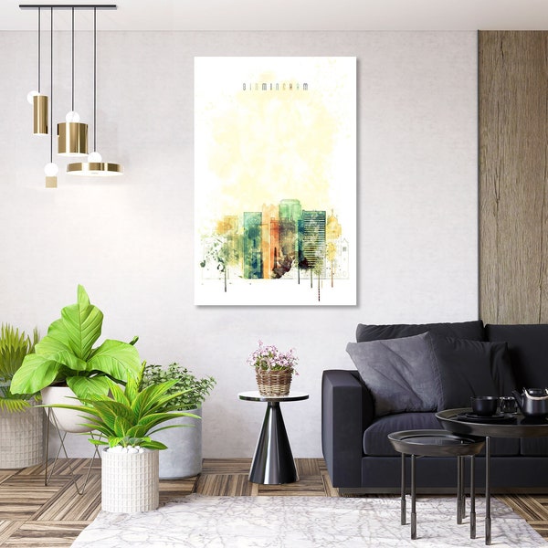 Birmingham watercolor art print on canvas, Alabama home interiors wall decor, Birmingham popular art for wall, Birmingham  design decor