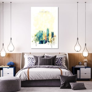 Charlotte multicolored skyline print on canvas, North Carolina cool wall decor ideas, Charlotte watercolor artwork, Charlotte print canvas