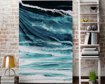 Abstract Ocean Wave Canvas Art, Coastal Blue Wall Art, Ready to Hang