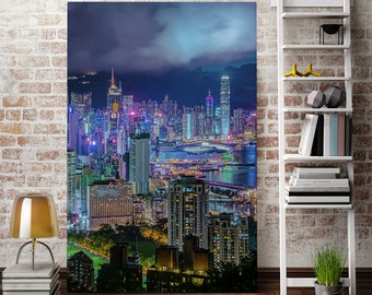 Impresión en lienzo del paisaje urbano de Hong Kong, decoración de pared moderna