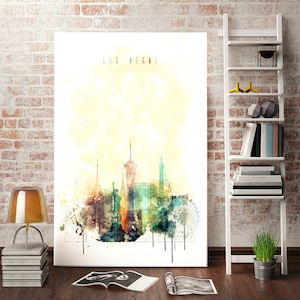 Las Vegas Skyline Watercolor Art – City of Lights Illustration | Nevada Landmark Wall Print | Travel-Inspired Urban Painting Decor