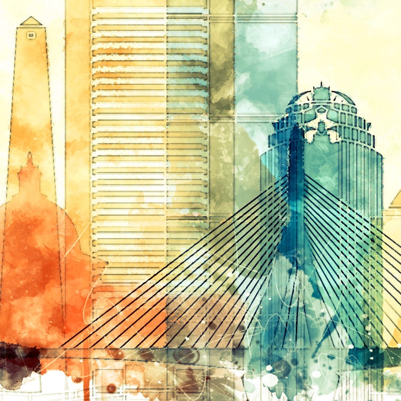 Boston Watercolor Poster Print for Living Room Wall Art Boston Home /& Office Wall Decor Skyline Photography Boston Bedroom Wall Art Decor