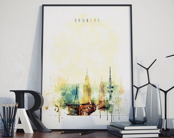 Hamburg wall art, Hamburg decor wall, Hamburg poster, Hamburg skyline, Hamburg watercolor cityscape print, Hamburg decor home, Germany decor