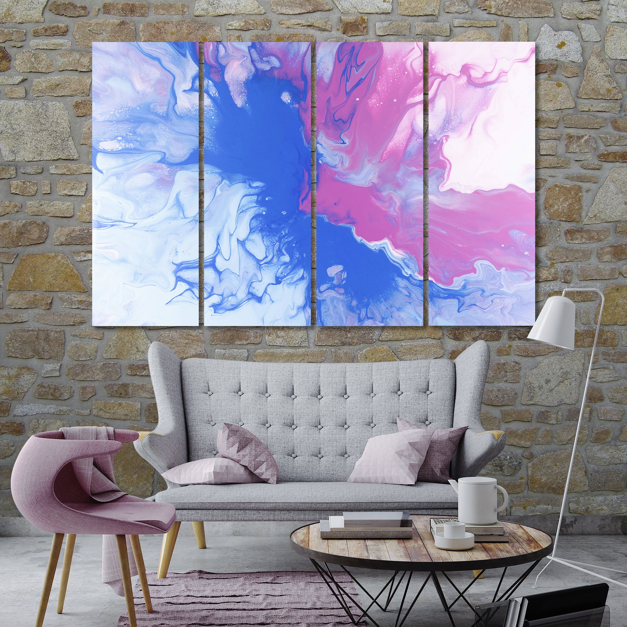 Pink and Blue Abstract Painting Art Canvas Set Etsy
