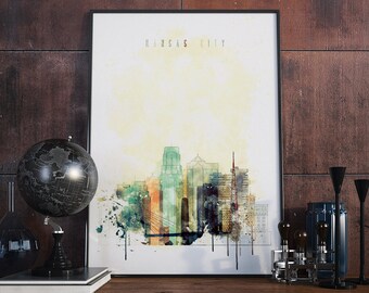 Kansas City watercolor print, Kansas City modern wall art, Kansas City skyline print, Kansas City poster print, State of Missouri print art