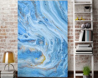 青と白の抽象画アートプリント、ウォータースプラッシュキャンバス