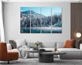 Winter Mountain Lake Canvas Set, Snowy Forest Wall Art
