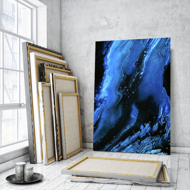 Blue and Black Abstract Art Canvas Decor Etsy