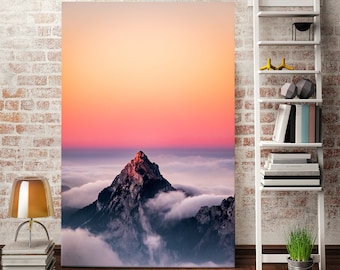 Impresión en lienzo de puesta de sol en la montaña, pintura de paisaje, arte mural natural