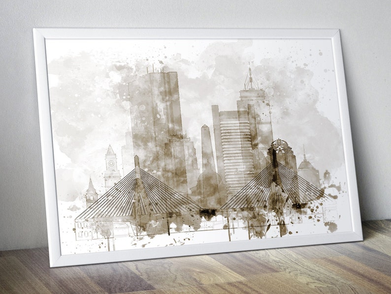 Boston Watercolor Poster Print for Living Room Wall Art Boston Home /& Office Wall Decor Skyline Photography Boston Bedroom Wall Art Decor