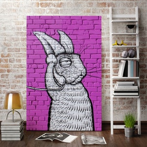 Hare is talking on the phone print canvas, Graffiti print canvas, White rabbit at pink background print art on canvas, Original graffiti