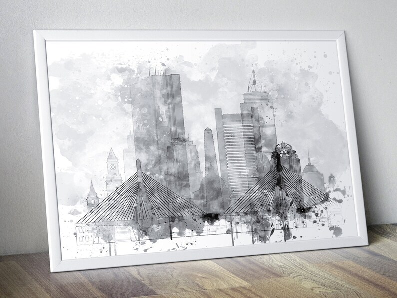 Boston Watercolor Poster Print for Living Room Wall Art Boston Home /& Office Wall Decor Skyline Photography Boston Bedroom Wall Art Decor