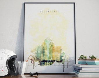 Cincinnati watercolor print, Cincinnati modern poster, Cincinnati skyline poster, Cincinnati watercolor painting, State of Ohio print poster