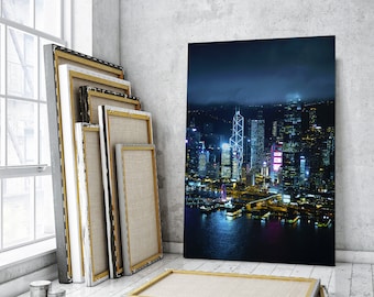 Hong Kong Skyline Canvas Art, Modern Vertical Wall Decor