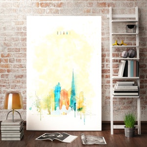 Dubai Skyline Watercolor Art – Modern Cityscape Illustration | UAE Landmark Wall Print | Burj Khalifa Travel-Inspired Painting Decor