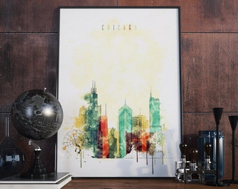 Chicago modern wall art, Chicago watercolor city, Chicago poster print, Chicago art for gift, Chicago watercolor poster, Chicago decor home