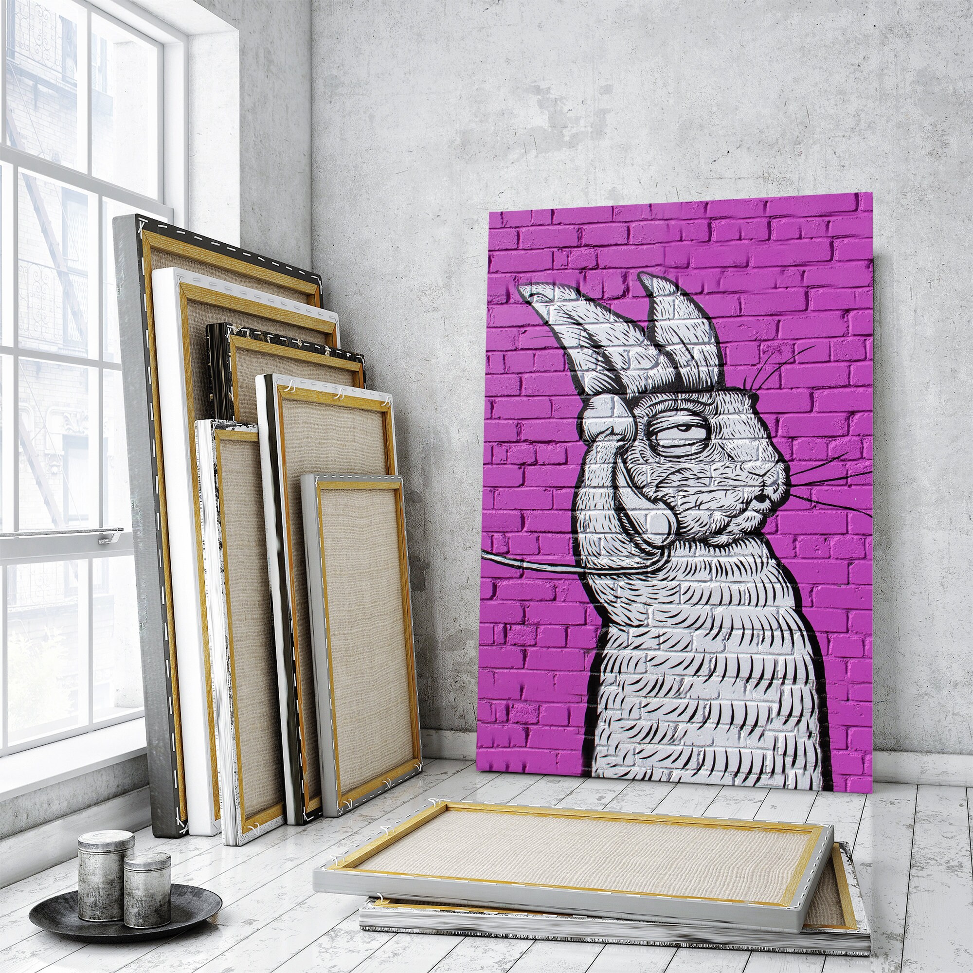 Rabbit Graffiti Canvas Print, Pink Brick Wall Art - Etsy 日本