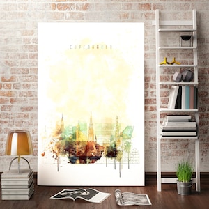 Copenhagen Watercolor Skyline Print – Denmark Cityscape Wall Art | Scandinavian Architecture Poster, Nordic Travel Home Decor Artwork