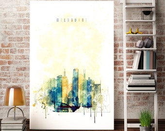 May include: A watercolor painting of the Melbourne skyline with the word "MELBOURNE" in blue text at the top of the image.