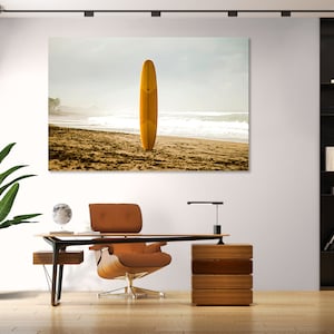 Surfboard on Beach print on canvas, Surf art for gift, Surfing wall art, Beach painting on canvas, Beach decor for wall, Seascape artwork