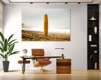 Surfboard on Beach print on canvas, Surf art for gift, Surfing wall art, Beach painting on canvas, Beach decor for wall, Seascape artwork