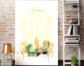 Baton Rouge Skyline Canvas Print – Louisiana Watercolor Cityscape