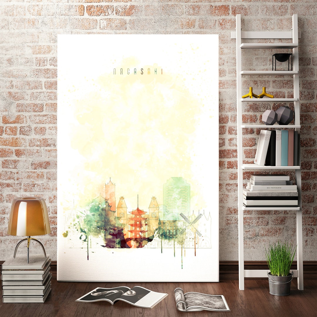 長崎の日本のスカイライン水彩画 – アジアの建築キャンバス - Etsy 日本