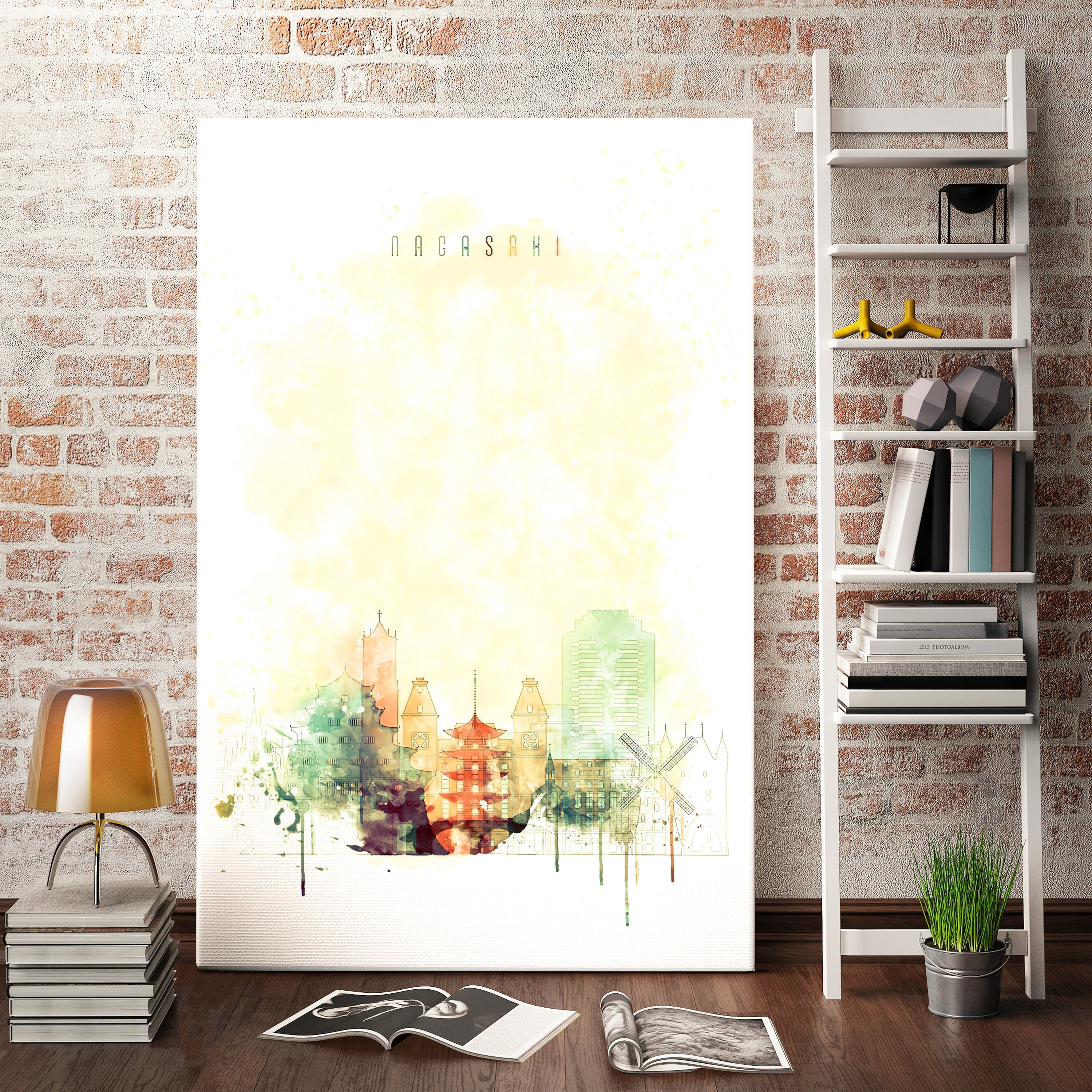 長崎の日本のスカイライン水彩画 – アジアの建築キャンバス - Etsy 日本
