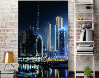Dubai Wall Art Canvas Print, Night Skyline Decor for Office and Home