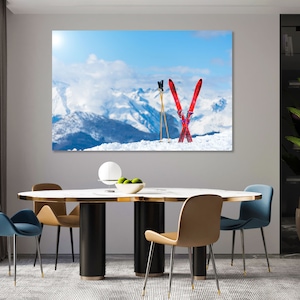 Arte de esqui para decoração de sala de estar, Impressão de imagem de esqui vermelho em tela, Arte de impressão de esqui em tela, Arte de esportes de inverno para parede, Impressão de montanhas