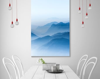 Vertical Mountain Wall Art, Blue Foggy Mountains Canvas Print, Framed Landscape Decor
