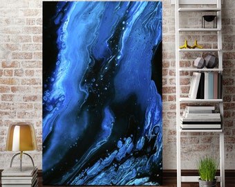 May include: Abstract painting with swirling blue and black paint. The painting has a textured look and is reminiscent of water.