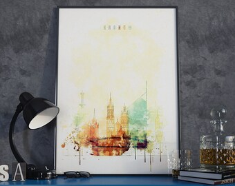 Krakow cityscape print, Krakow poster, Krakow watercolor city, Krakow design art, Krakow art for gift, Krakow poster print, Poland poster