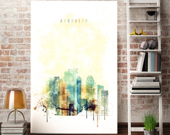 Brooklyn Skyline Aquarell-Leinwandbild, NYC-Stadtansicht-Druck