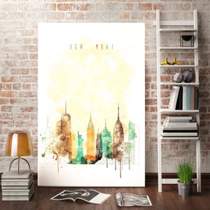 New York Skyline Watercolor Print – NYC Cityscape Wall Art | Statue of Liberty Poster, Modern Architecture Artwork