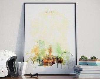 Lille watercolor poster, Lille art for wall, Lille cityscape poster, Lille France wall art, Lille poster print, France artwork, France decor