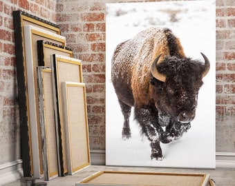 American Buffalo in Snow Original Canvas Art, Bison Canvas Print Wall Art, Buffalo Home and Office Art Print Wall Decor