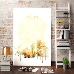 Art mural vertical sur toile Toulouse, bonne décoration en France, aquarelle toulousaine, décoration murale toulousaine, maison d'art moderne toulousaine