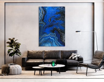 Blauw abstract schilderij op canvas, moderne kunstafdruk