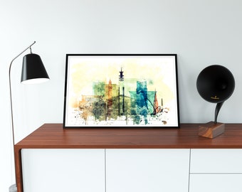 Birmingham city print, Birmingham cityscape poster, Birmingham original watercolor poster, United Kingdom poster, Birmingham wall art